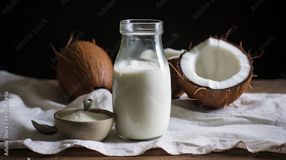 a bottle of milk next to a bowl of coconuts and a coconut shell on a white napkin on a wooden table. a bottle of milk next to a bowl of coconuts and a coconut shell on a white napkin on a wooden table.