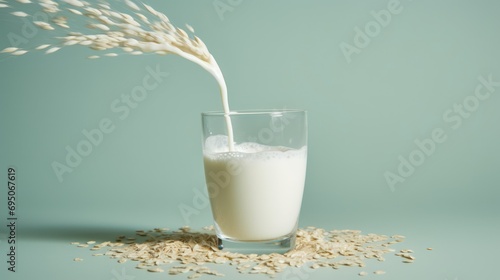  a glass of milk being poured into a glass of oatmeal with a stalk of oats sticking out of it.