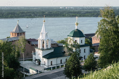View of the Volga, the Temple of Simeon the Stylite in the Kremlin. Nizhny Novgorod, Russia