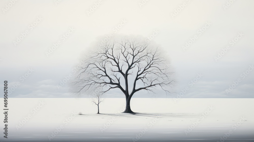  a black and white photo of a lone tree in the middle of a snowy field with a gray sky in the background.