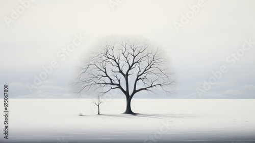  a black and white photo of a lone tree in the middle of a snowy field with a gray sky in the background.