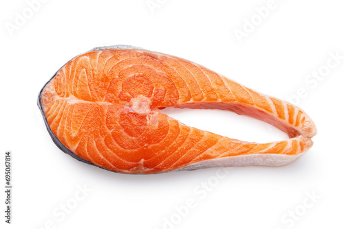 Fresh raw salmon fish steak, one piece of trout isolated on white background, top view