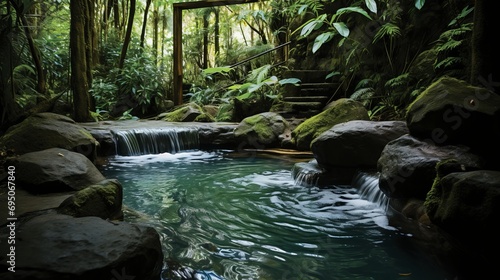 Tropical paradise waterfalls, pools, exotic birds, and blooming flowers in vibrant sunlight