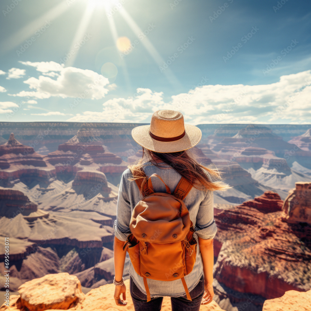 Young woman wearing a backpack looks out over the Grand Canyon in Arizona, USA
