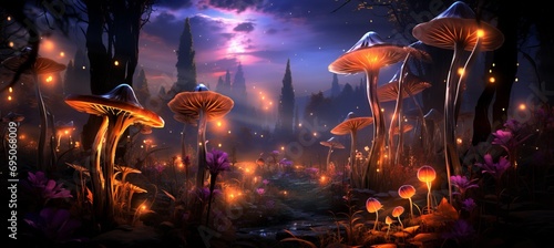 Enchanted forest clearing midnight celebration with fairies, fireflies, and shimmering ambiance