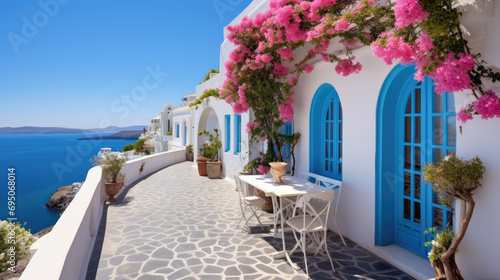 Santorini Greece white patio terrace overlooking the Aegean Sea