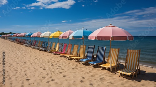 Fotografia Colorful beach huts and flowers on lively seaside boardwalk for summer fashion p