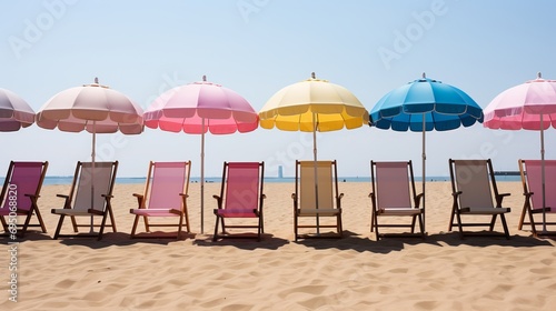 Vibrant beach boardwalk with colorful huts and sun umbrellas, perfect for summer apparel promotion photo