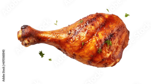Tasty grilled chicken leg on white background, top view. BBQ food photo