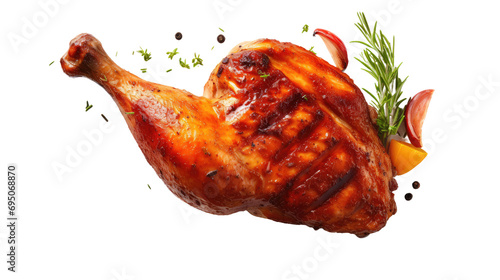 Tasty grilled chicken leg on white background, top view. BBQ food