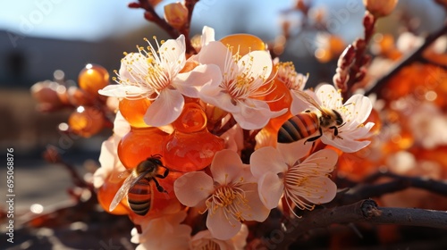  a close up of a bunch of flowers with a bee on one of it's petals and a tree in the background. © Olga