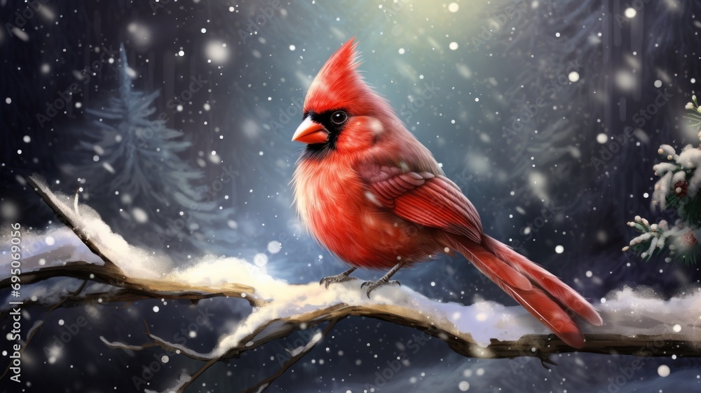 a red cardinal sits on a branch in the snow with a pine tree in the background and a full moon in the sky. a red cardinal sits on a branch in the snow with a pine tree in the background and a full moon in the sky.