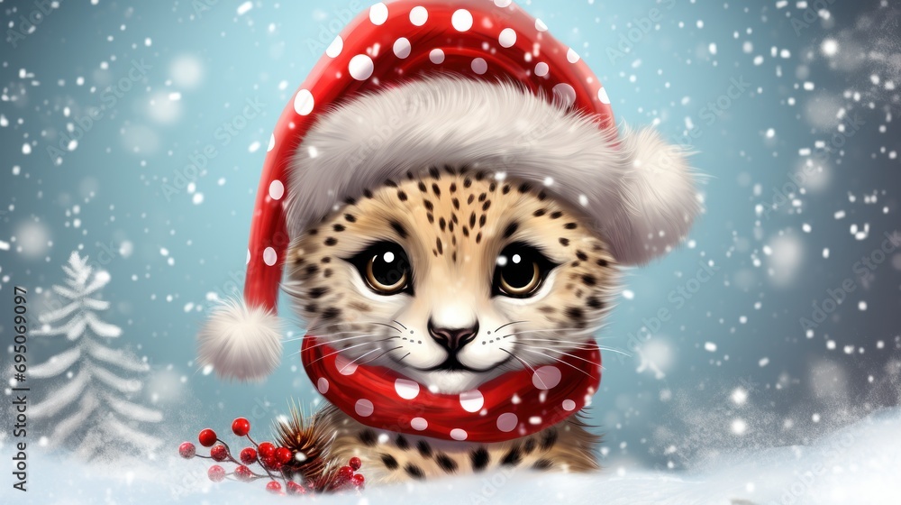 a painting of a cheetah wearing a santa hat with a scarf and a scarf around it's neck. a painting of a cheetah wearing a santa hat with a scarf and a scarf around it's neck.