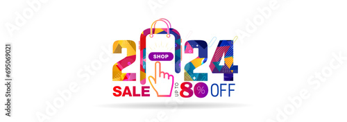 Vector file of 2024 new year online digital shopping sales advertising website banner. discount deal and 80% off, offer trendy colorful modern logo unit design.