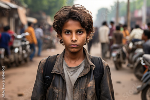 Portrait of tamil boy at busy indian or pakistan city street. Pakistani teenager looks at camera photo