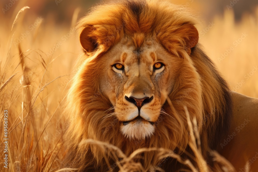 Intense Close-up View of Lion's Wrinkled Mane Against Yellow Grassland