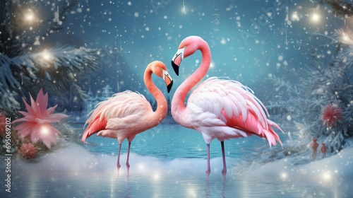  a couple of pink flamingos standing next to each other on top of a body of water in front of a snow covered forest.