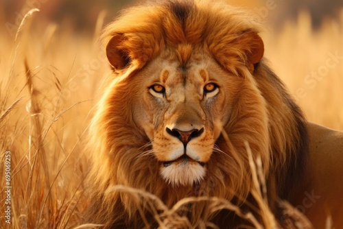 Intense Close-up View of Lion's Wrinkled Mane Against Yellow Grassland