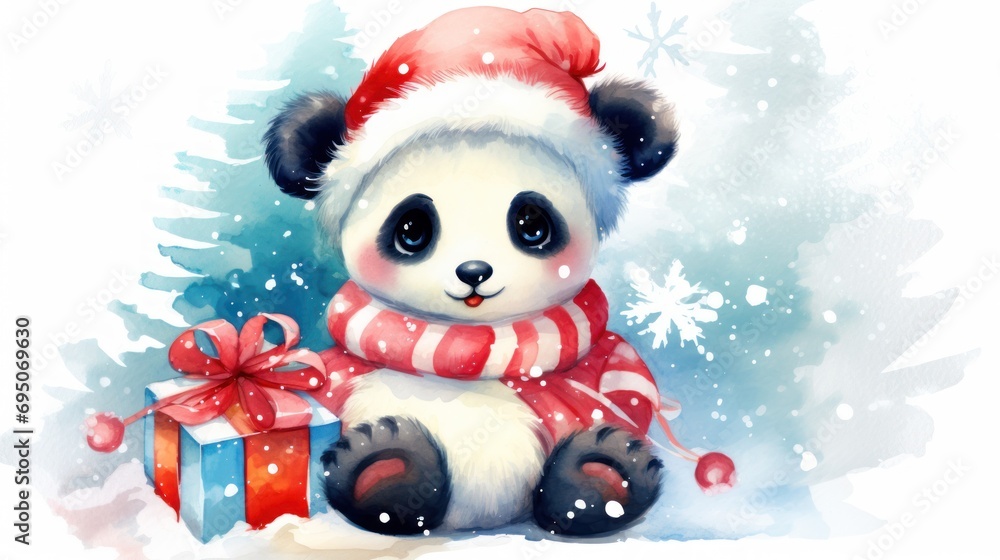 a painting of a panda bear wearing a santa hat and scarf with a gift box in front of a christmas tree. a painting of a panda bear wearing a santa hat and scarf with a gift box in front of a christmas tree.