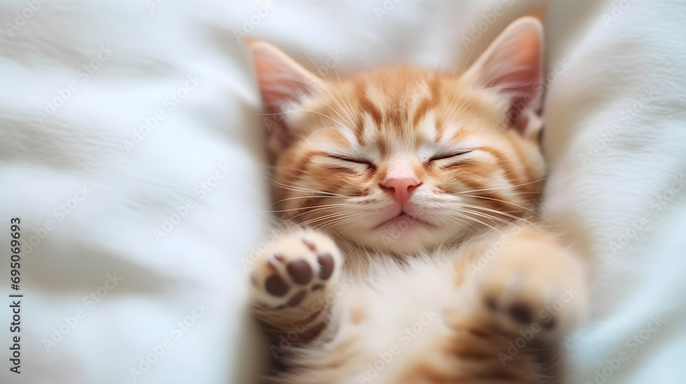 Slumbering Kitten: A Heartwarming Image of a Baby Cat Asleep on a Bed, Symbolizing Peace and Comfort Slumbering Kitten: A Heartwarming Image of a Baby Cat Asleep on a Bed, Symbolizing Peace and Comfort