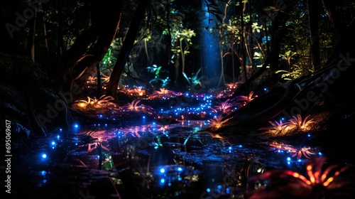 Enchanted forest clearing with fireflies and fairies celebrating under sparkling fairy dust