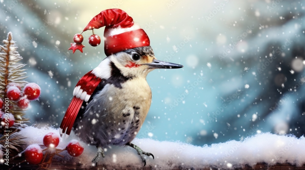 a bird with a red and white hat is sitting on a branch of a christmas tree in a snowy scene. a bird with a red and white hat is sitting on a branch of a christmas tree in a snowy scene.