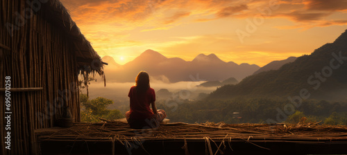 Thai-Inspired Art with Woman and Sunset