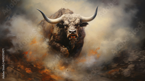  A painting of a bull with huge horns running through