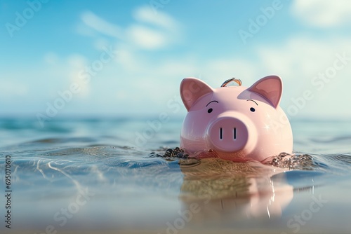 A serene image of a pink piggy bank floating on calm ocean waters under a clear sky.