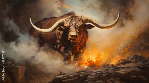  A painting of a bull with huge horns running through photo