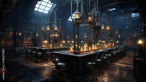Steampunk laboratory with brass machinery, glowing concoctions, gears, and stained glass windows