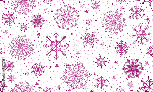 Christmas vector seamless handwork pattern with purple gradient stars and snowflakes on a transparent background