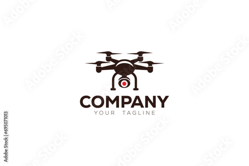Drone is a logo design of a flying drone with a big red dot in the center of the drone. 