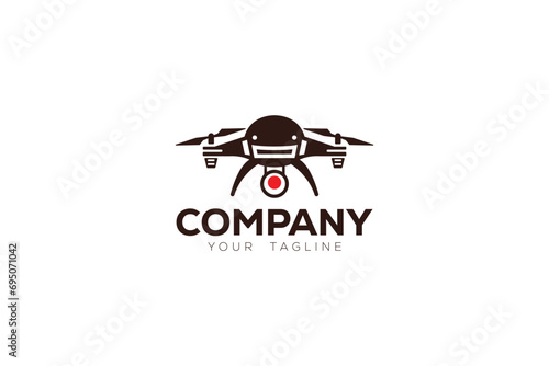 Drone is a logo design of a flying drone with a big red dot in the center of the drone. 