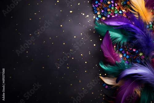 Feathers on a dark background, suitable for design with copy space, Mardi Gras celebration.