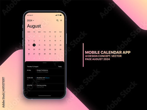 Mobile App Calendar August 2024 Page with To Do List and Tasks Vector UI UX Design Concept on Isolated Photo Realistic Smart Phone Screen Mockup. Smartphone Business Planner Application Template