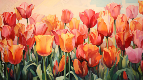  A painting of a bunch of tulips in a field