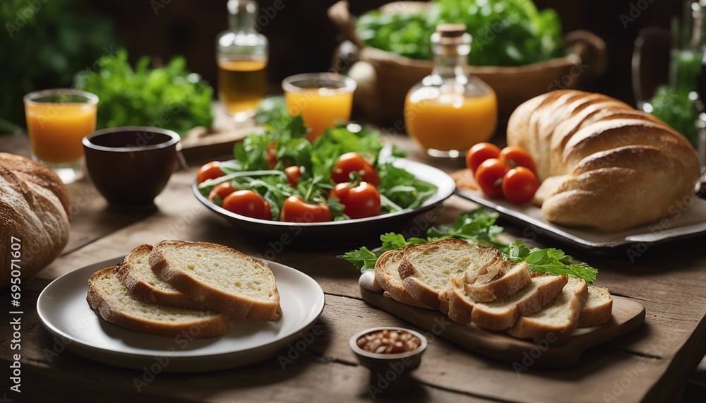 Rustic Farm-to-Table Breakfast Spread with Fresh Vegetables and Artisan Bread Rustic Farm-to-Table Breakfast Spread with Fresh Vegetables and Artisan Bread