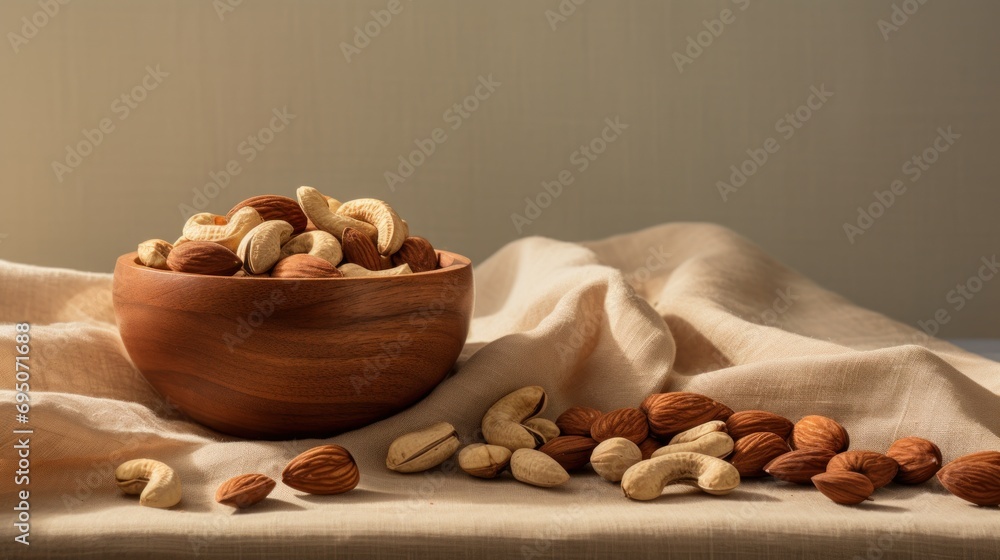  a wooden bowl filled with nuts sitting on top of a table next to a piece of cloth on top of a table. - obrazy, fototapety, plakaty 