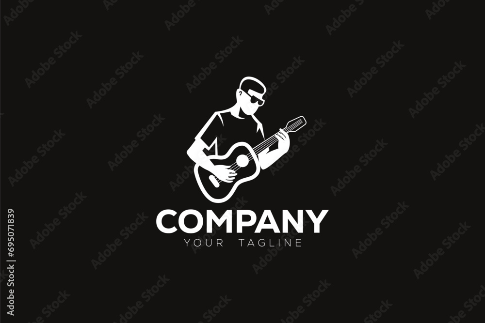 Logo design of a musician playing a musical instrument. 