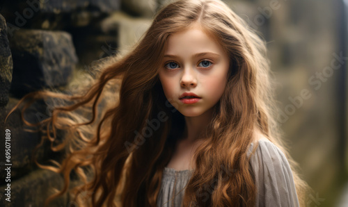 Soulful young girl with flowing long hair and striking features stands against a blurred stone wall background