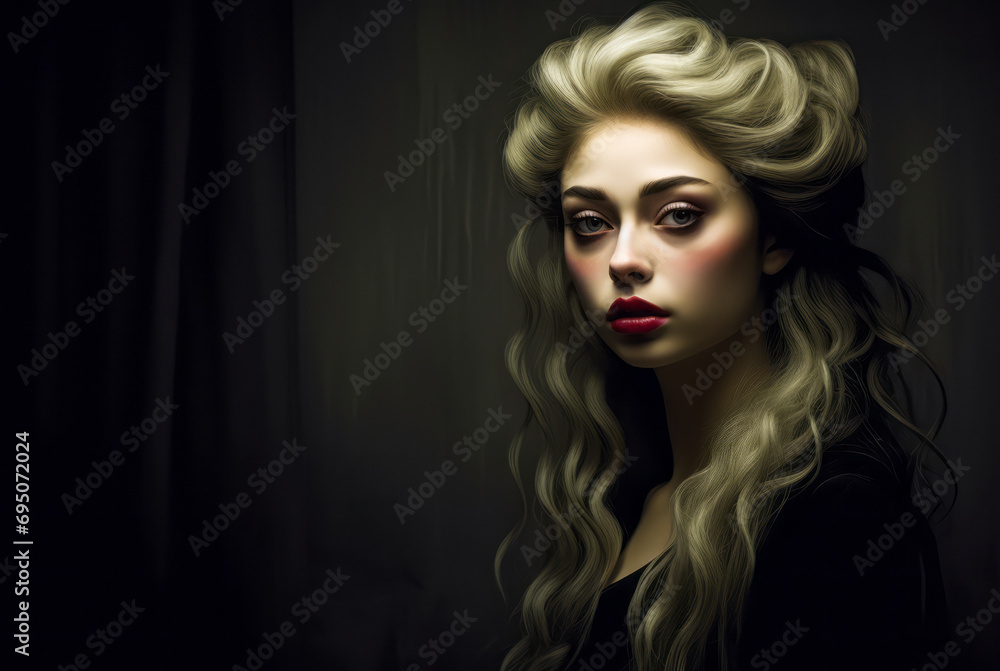 Enigmatic woman with voluminous curly hair and a deep gaze, dressed in black, against a smoky dark backdrop, exuding mystery and elegance Enigmatic woman with voluminous curly hair and a deep gaze, dressed in black, against a smoky dark backdrop, exuding mystery and elegance