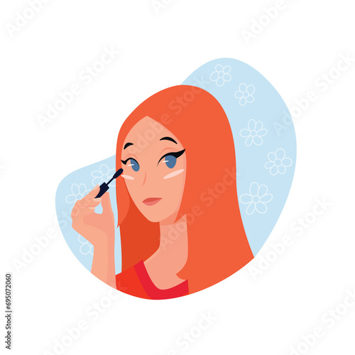 Vector illustration with a beautiful girl. A red-haired girl smiles and paints her eyelashes on a blue background. The illustration is suitable for a blog about cosmetics and advertising.