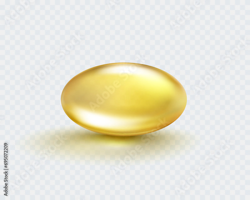 Vitamin E, D or omega 3 fish oil capsule isolated on transparent background. Golden 3d antibiotic gel pill icon. Vector gold realistic serum oval sphere of collagen essence