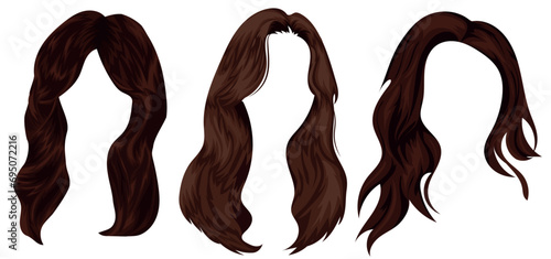 set of templates of brunette female, long hair for female characters, cascade hairstyle, vector illustration photo