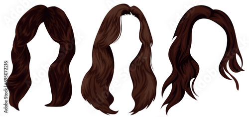 set of templates of brunette female, long hair for female characters, cascade hairstyle, vector illustration