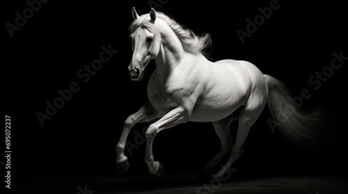  a white horse galloping in the dark with its front legs spread out and it's rear legs spread out. photo