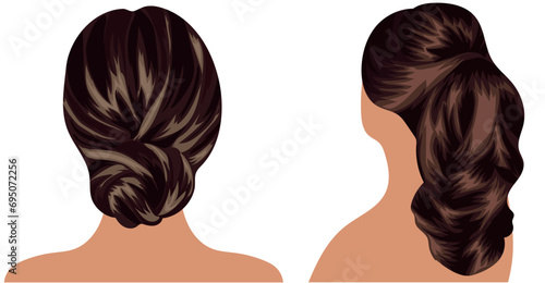 set of templates of brunette female, long hair for female characters collected in various hairstyles, vector illustration