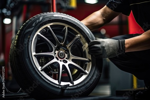 Car wheel replacement by skilled mechanic at professional tire mounting workshop