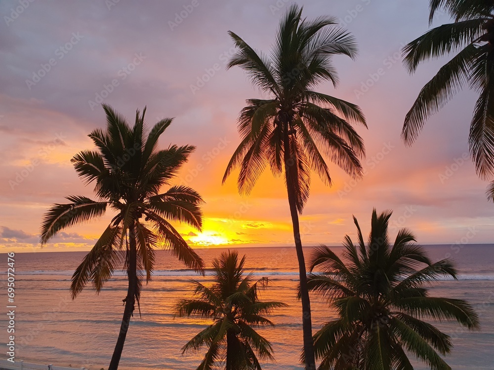 Sunset with palm trees on a paradise island